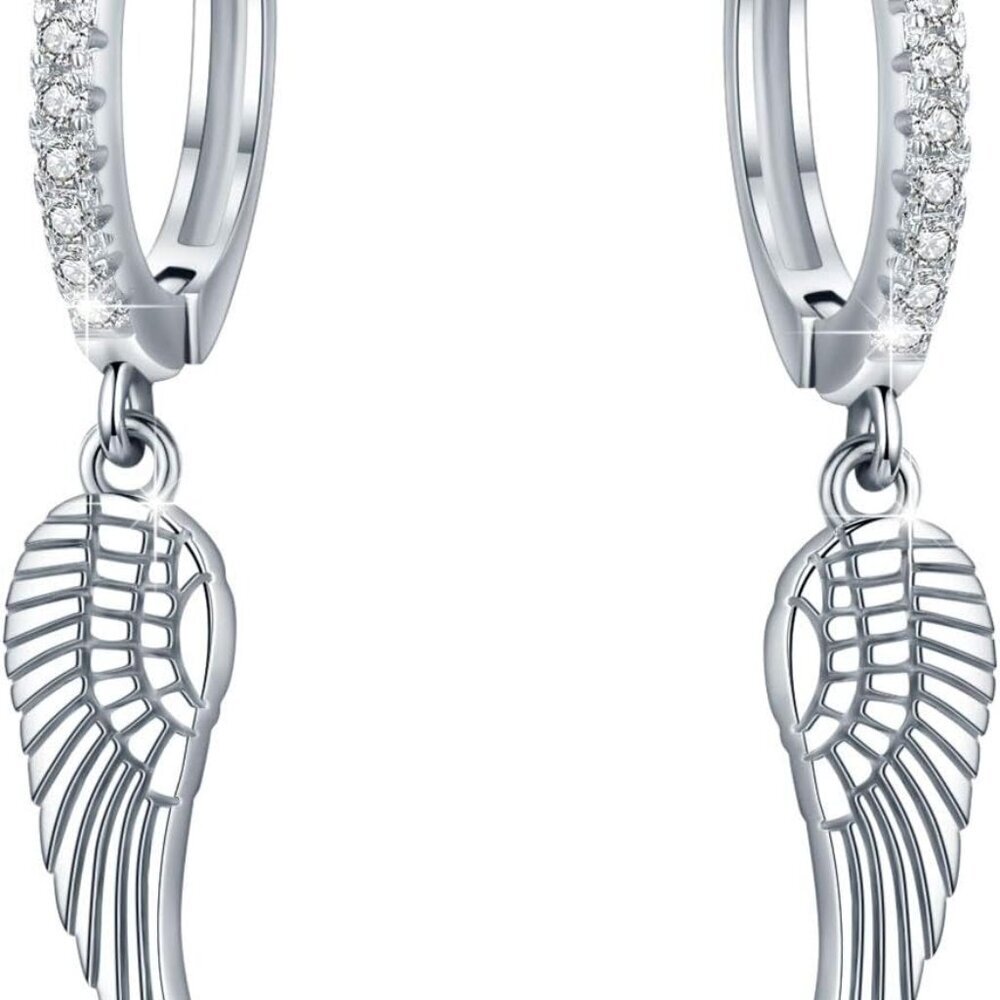Angel Wings,Feather Cross Earrings 925 Sterling Silver Unisex Hanging Dangle Dro